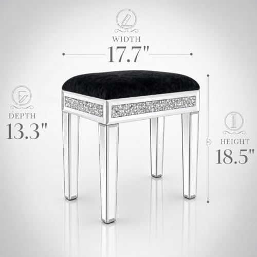 Vanity Stool with Storage Mirrored Legs, Velvet Cushioned Ottoman, Hidden Compartment, Sparkling Diamond Trim, Glam Makeup Chair & Piano Bench (Black)
