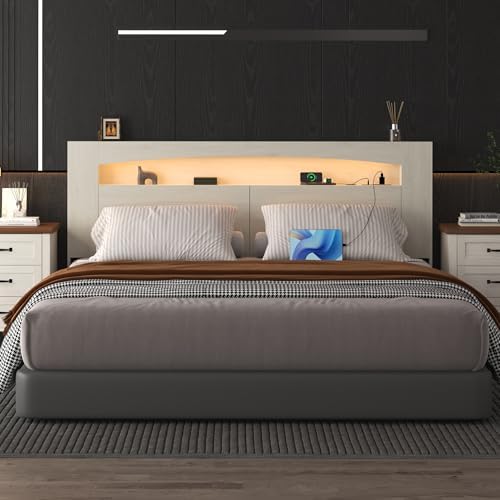 Queen Size Wooden Headboard Only with Storage (Off-White, Queen)