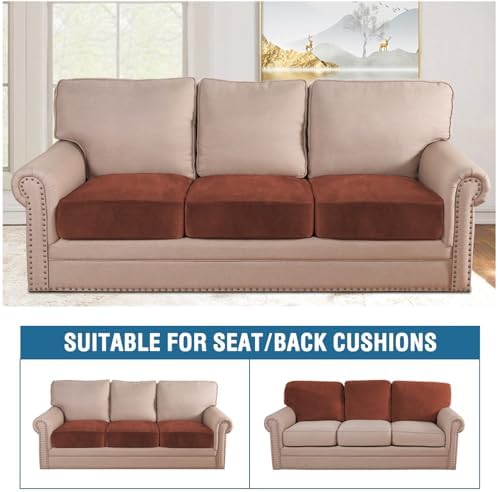 H.VERSAILTEX Velvet Stretch Couch Cushion Cover Plush Cushion Slipcover for Chair Loveseat Sofa Cushion Furniture Protector Seat Cushion Sofa Cover (3 Piece XL Sofa Cushion Covers, Rust)