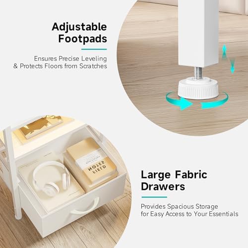 Lazzanto Nightstand with Rear Charging Station, LED Light, 2 Drawers, White