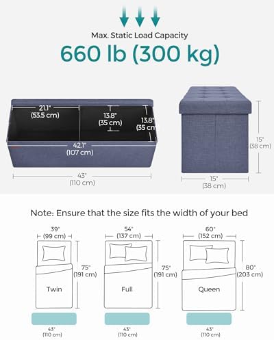 SONGMICS 43.3 Inches Folding Storage Ottoman Bench, Load 660 lb