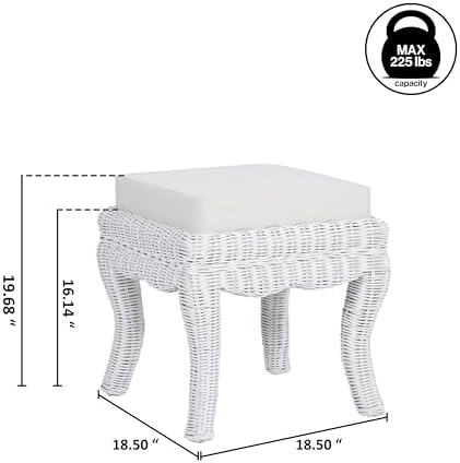 JONATHAN Y Rowan 19.7" Coastal Woven Rattan Vanity Stool, White Distressed