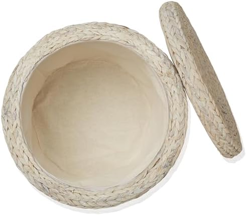 Casafield 17" Round Storage Ottoman with Lid - Whitewash White, Handwoven Water Hyacinth Footstool for Living Room, Bedroom, Bathroom, Home Office