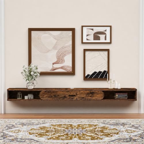 GHC Floating TV Stand, 75'' Wall Mounted TV Cabinet, Floating Shelves with Door, Media Console for DVD Player, Space-Saving Under TV Shelf for Bedroom & Living Room (Rustic Brown)