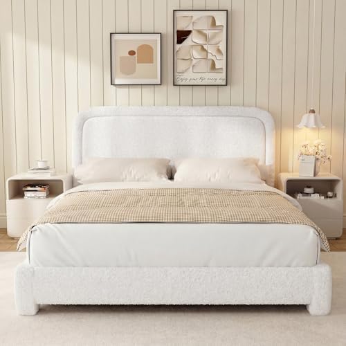 WEUP Queen Size Boucle Bed Frame, Upholstered Teddy Fabric Bed Frame with Headboard, Soft Rounded Corners, No Box Spring Required, Adjustable Headboard, Easy Assembly