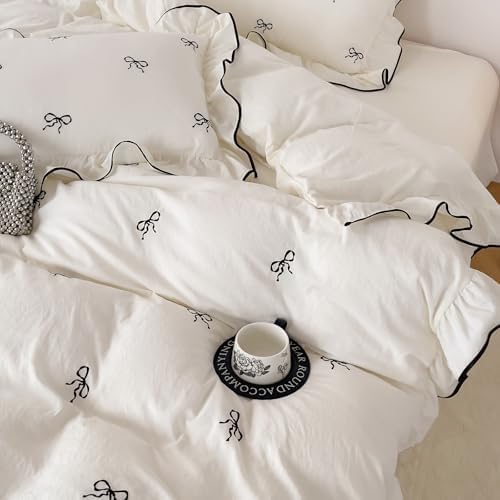 Bow Embroidery Twin Duvet Cover 3Pcs Vintage Ruffled Bedding, Zipper & Ties