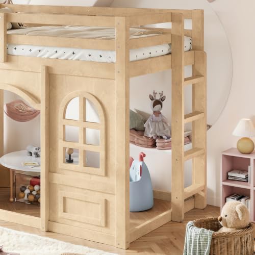 Twin Size Wooden Playhouse Loft Bed with Windows, Light Natural