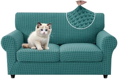 MAXIJIN 3 Pieces Stretch Sofa Covers for 2 Cushion Couch Loveseat Cover for Dogs Washable Love Seat Sofa Slipcovers Thick Soft Furniture Protector with Non Slip Strap (Peacock Blue, 55"-69")