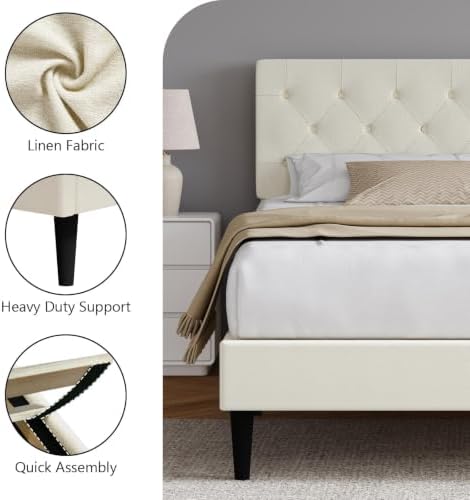 HOMBCK King Size Bed Frame, Upholstered Bed Frame with Headboard, Cream