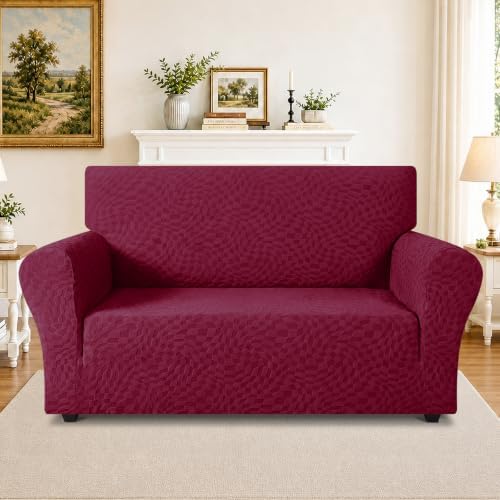 ZNSAYOTX 1 Piece Stretch Loveseat Covers for 2 Cushion Couch (55"-71"), New Plaid Couch Cover with Non-Slip Buckle for Dog Pets, Soft Cozy Washable Sofa Slipcover Form Fit Protector, Wine Red