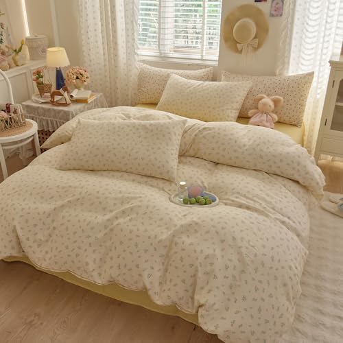 Mini Floral Duvet Cover Set Muslin Cotton Queen(90"x90"),Burgeen