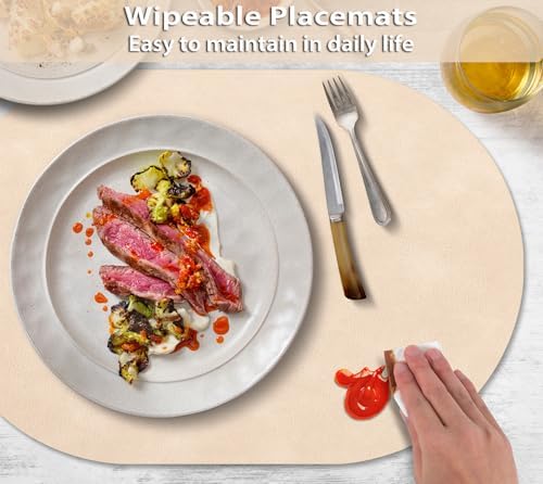 ADRIMER Oval Placemats Set of 12, Wipeable Faux Leather, Beige