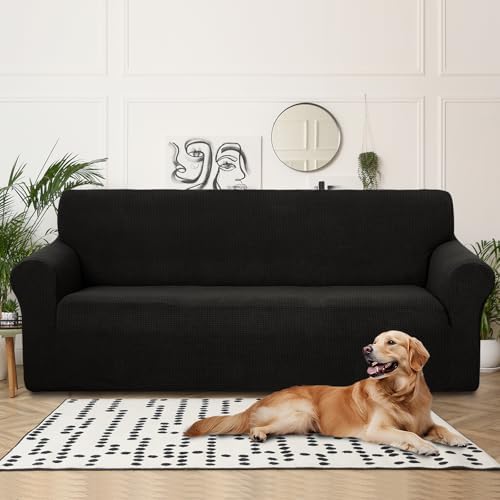 U-NICE HOME 4 Seater Stretch Couch Cover for 3 Cushion Sofa, Black