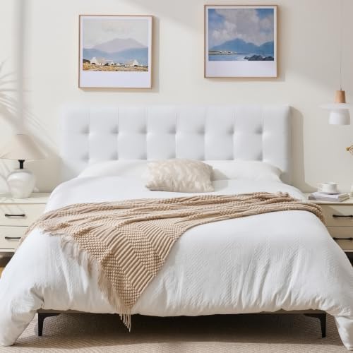 Linen Stitched Tufted Queen Headboard, Adjustable Height 37.2-46 in, White