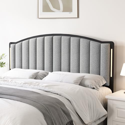 Upholstered Tufting Headboard for Full Size Bed with Lights, Grey