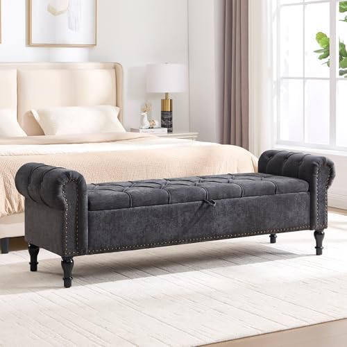 Storage Bed Bench for Bedroom, Chenille 67" End of Bed King Size Benches with Armrest, Tufted Button Upholstered Ottoman Bench for Living Room, Entryway, Charcoal Grey