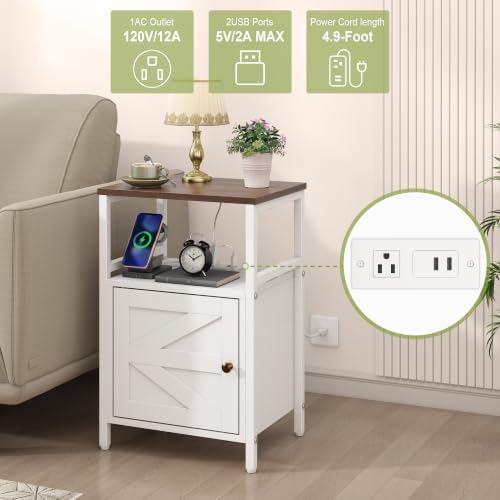 Bedside Table with Charging Station Side Table for Small Spaces White