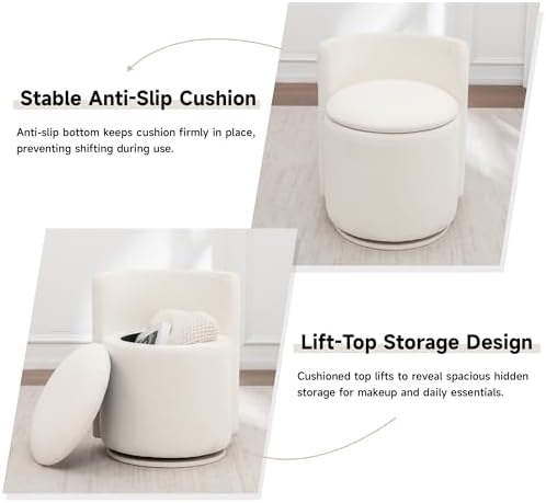 MINCETA Vanity Chair with Storage, 360° Swivel Accent Chair, Off White