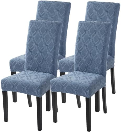 SearchI Dining Room Chair Covers Set of 4, Stretch Jacquard Parsons Chair Slipcovers Spandex Removable Washable Kitchen Chair Protector Cover for Dining Room, Hotel, Ceremony (Gray-Blue Geometric)