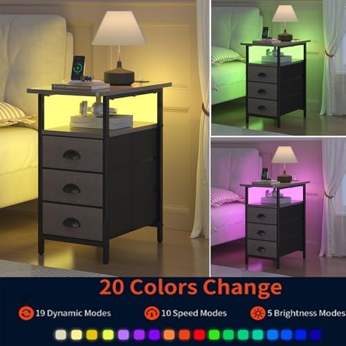 sthmec End Table with Charging Station,LED Side Tables with USB Ports and Outlets,Narrow Nightstands Bedside Tables with 3 Drawers for Small Space,Slim Sofa Table for Livingroom,Grey