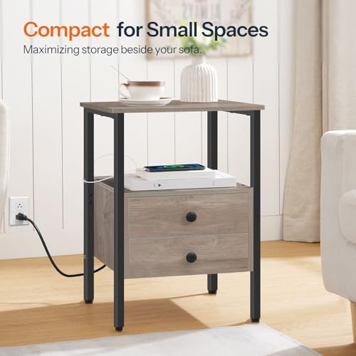 HOOBRO End Table with Charging Station, Bedside Table with Drawers