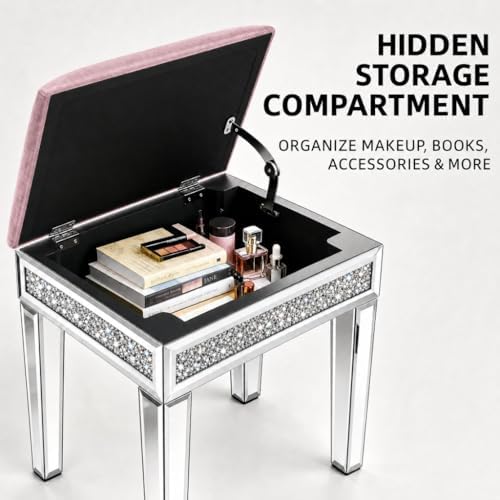 Vanity Stool with Storage Mirrored Legs, Velvet Cushioned Ottoman, Hidden Compartment, Sparkling Diamond Trim, Glam Makeup Chair & Piano Bench (Dusty Pink)