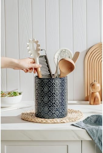 Kitchen Utensil Holder, 6x7 inch Large Ceramic Utensil Holder with Embossed Pattern, Cooking Utensil Crocks for Kitchen Countertop, Home Decor, Blue