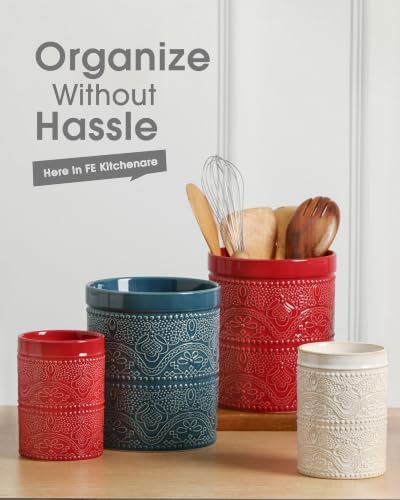 FUN ELEMENTS Kitchen Utensil Holder, 7.2" Super Large Utensil Crock Heavy and Stable Lace Emboss Ceramic Utensil Holder for Kitchen Counter (Lace Emboss)