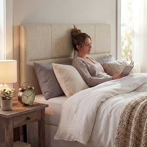 HAOBO Home Upholstered King Headboard Only, Modern Line Panel Oatmeal