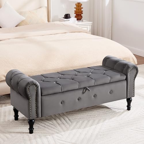 Storage Bench 51" Velvet End of Bed Benches Dark Grey