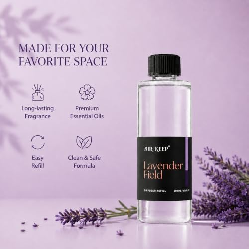 Airkeep Lavender Field Reed Diffuser Refill – 6.76 fl oz – Premium Scented Oil for Home Aromatherapy – Long-Lasting Fragrance for Reed Diffusers – Perfect for Bathroom, Bedroom & Home Decor