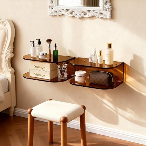 Acrylic Floating Nightstand, Wall Mounted Bedside Table Shelf (Dark Brown, 15.7”×9.4“×5.9”)