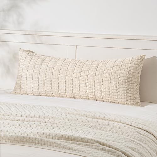 MIULEE Lumbar Corduroy Throw Pillow Cover for Bed 14x36 Cream White