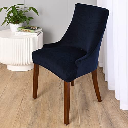 MIFXIN Velvet Wingback Chair Cover Slipcover Stretch Washable Sloping Armchair Dining Chair Protector Seat Cover for Dining Room Banquet Home Party Decor (Set of 4, Navy Blue)