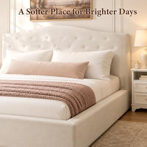 Yechen Queen Cloud Bed Frame, 6" Thick Curved Tufted Headboard, Ivory