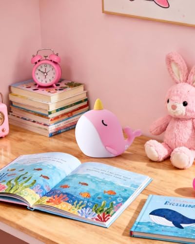Fuloon Narwhal Night Light, 3-Level Dimming Silicone Touch Lamp with Rechargeable Battery & Timer, Cute Squishy Unicorn Whale Desk Decor, Funny White Elephant Gift for Adults Teens Kids (Pink)