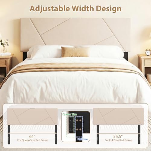 Giantex Headboard with Charging Station, Queen/Full Size Geometric Tufted Upholstered Head Board w/2 AC Outlets, USB & Type-C Port, Rubber Wood Legs, Width Adjustable Modern Bed Headboard Only (Beige)