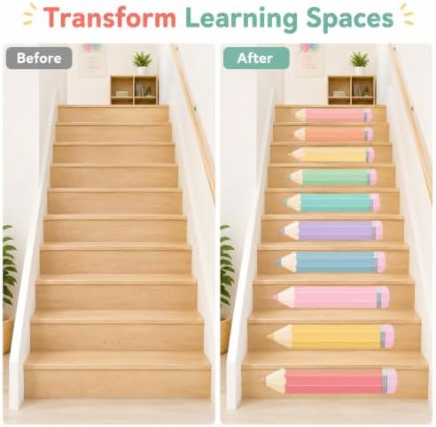 Cinrobiye 12 Pcs Pastel Pencil Classroom Stair Decals, Wall Stickers for Back to School Decor, Teacher Classroom Decorations for Kindergarten, Nursery, Door, Wall, Bulletin Board and Learning Spaces