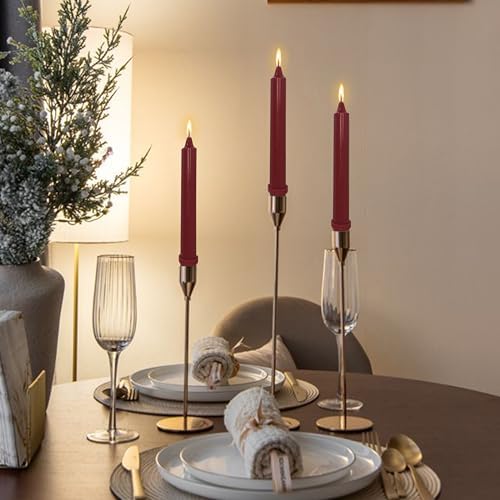 NJAO HOO Burgundy Taper Candle 8 Inch Christmas Candlesticks Red Unscented Dripless Handmade Candles for Home Decor Dinner New Year Party, 4 Pack
