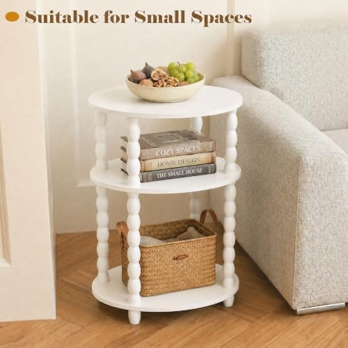 3-Tier Oval Side Table, Small End Table with Solid Wood Spindle Legs White