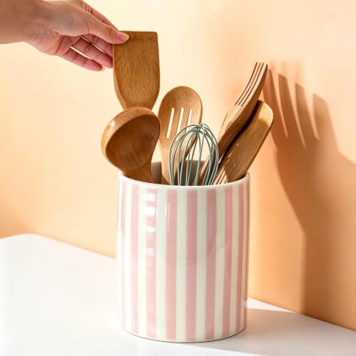 Kitchen Utensil Holder,7.2-inch Extra Large Ceramic Stripes Pattern Utensil Crock,Cooking Utensil Organizer for Kitchen Counter Decor,Storage Caddy Farmhouse Gift Yellow Pink