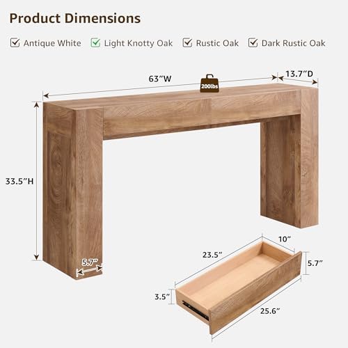 OKD 63" Console Table with Drawers, Thick Block Entryway Table, Light Oak
