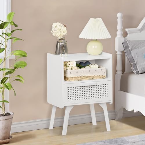 Lerliuo Rattan Nightstands Set of 2, Side Table with Drawer Open Shelf