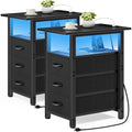 Vagusicc Set of 2 Black Nightstand with Charging Station and LED Lights, Narrow End Table, LED Night Stand with 3 Fabric Drawers for Bedroom, Small Bedside Table, Narrow Side Table for Small Spaces