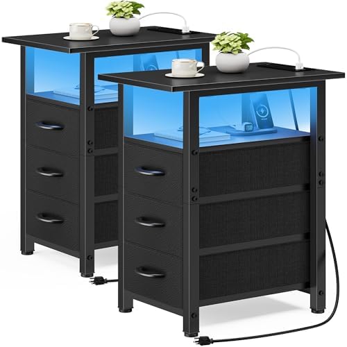 Vagusicc Set of 2 Black Nightstand with Charging Station and LED Lights, Narrow End Table, LED Night Stand with 3 Fabric Drawers for Bedroom, Small Bedside Table, Narrow Side Table for Small Spaces