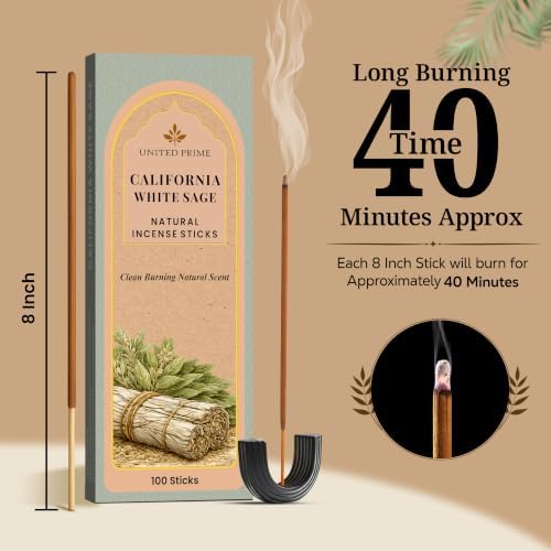 California White Sage Incense Sticks for Cleansing, 100 Sticks, Organic Insence Non Toxic, No Charcoal Clean Burning, Handmade from Upcycled Flowers, Positive Vibes Inscent Calming Aroma