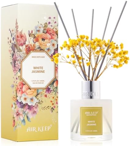 Airkeep Reed Diffuser Set,6.76 fl oz (200 ml) - White Jasmine Oil Diffusers with 8 Reed Sticks, Home Fragrance Reed Diffuser for Bathroom Shelf Decor