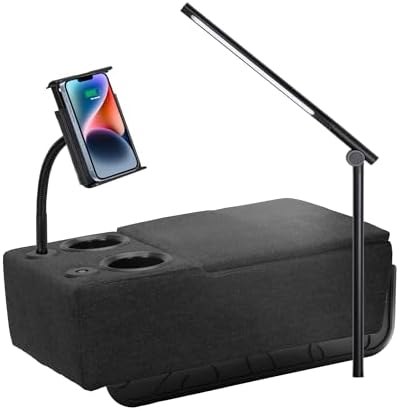 Removable Sofa Armrest, Dual Cup Holders Large Size Multifunctional Couch Caddy Storage Arm Rest with Power Wireless Charging Stand & LED Reading Light for Sofa Middle Seat Parts
