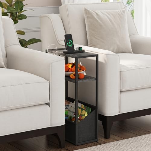TUTOTAK Narrow Side Tables with Charging Station, Slim End Tables Set of 2