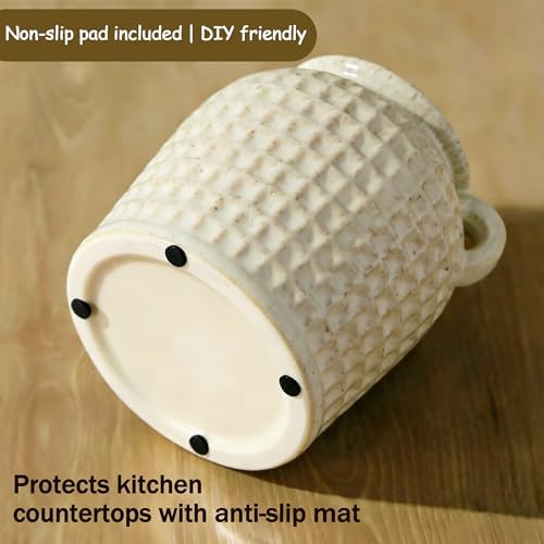 White Ceramic Utensil Holder with Handle, 6.5" Rustic Countertop Crock
